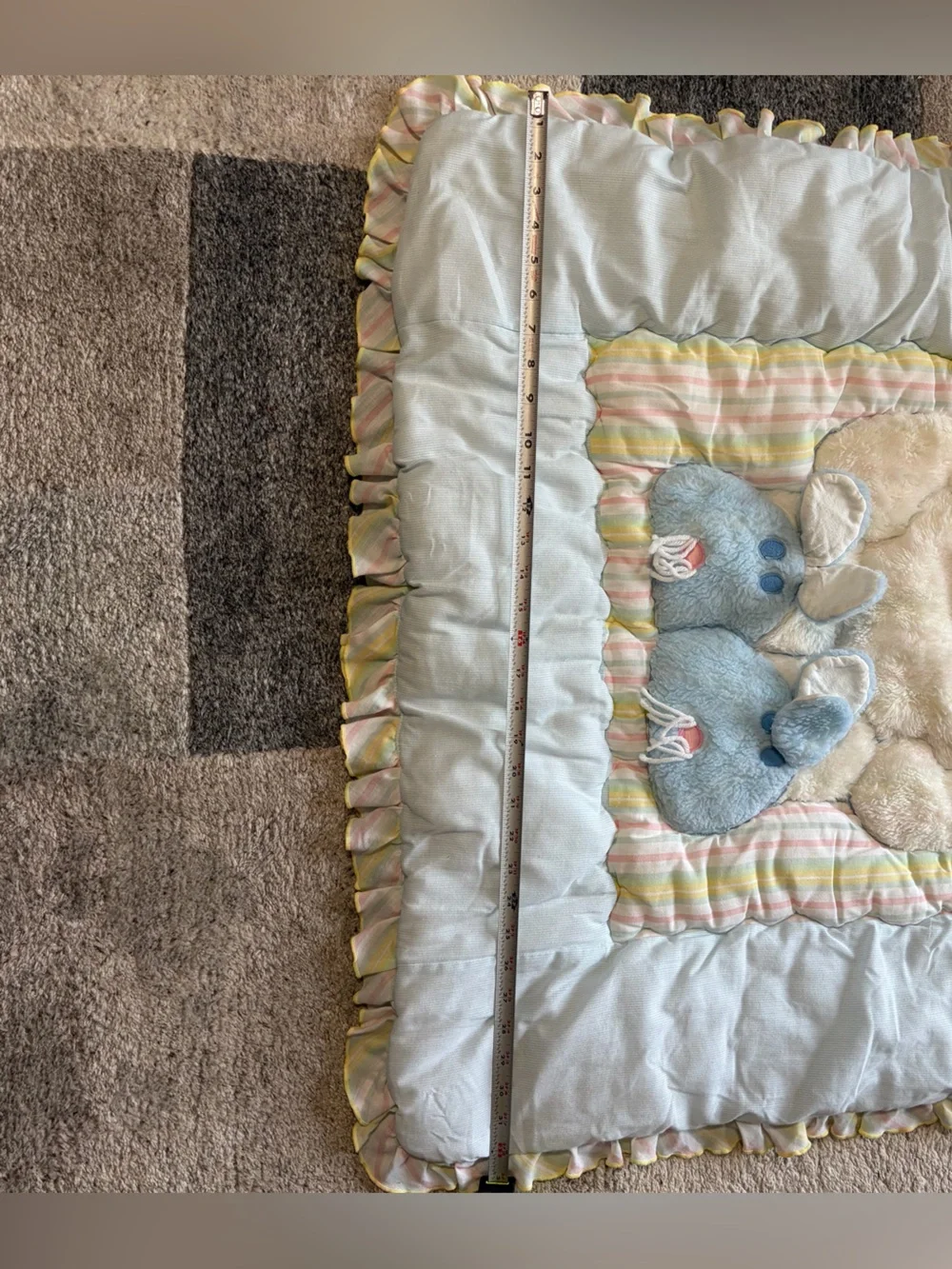 Vtg 80s 90s Baby Blanket Quilt Teddy Bear Bunny Slippers Pastel Ruffle 32x40